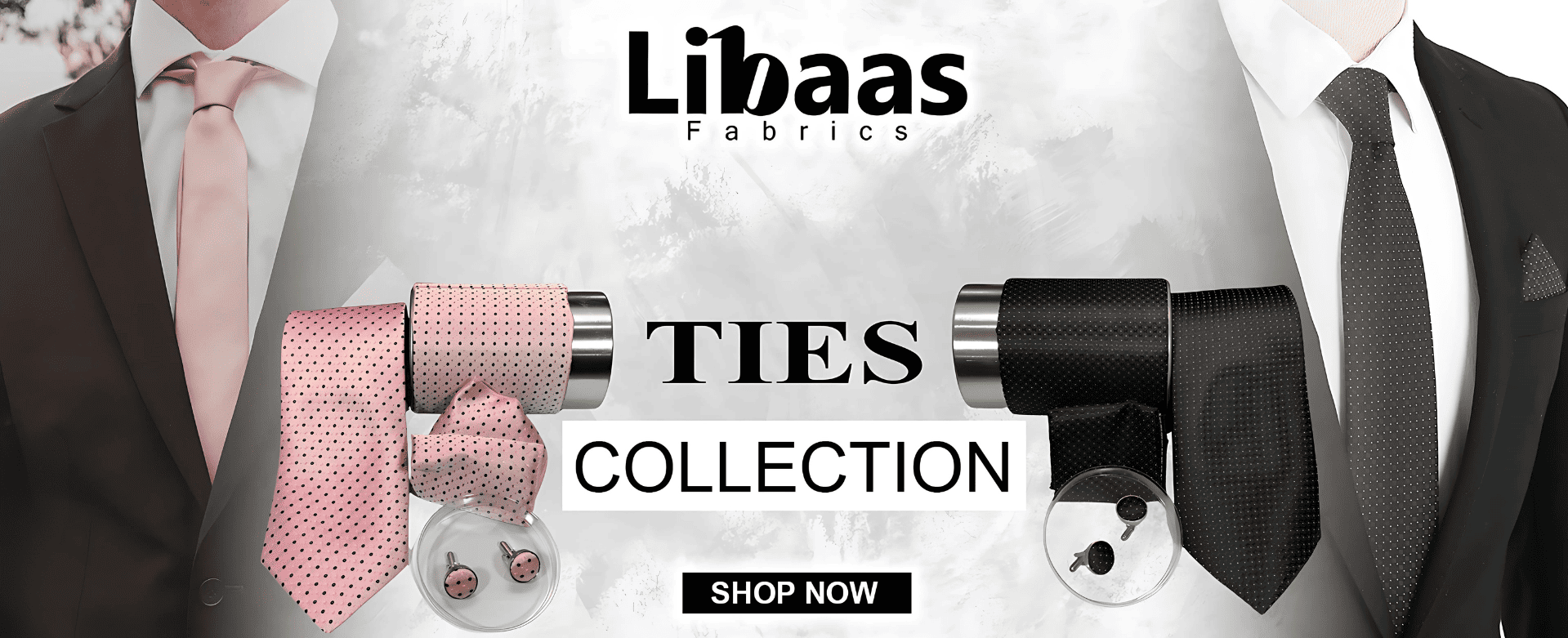 Libaas Fabrics tie collection with suits and ties on a light gray background