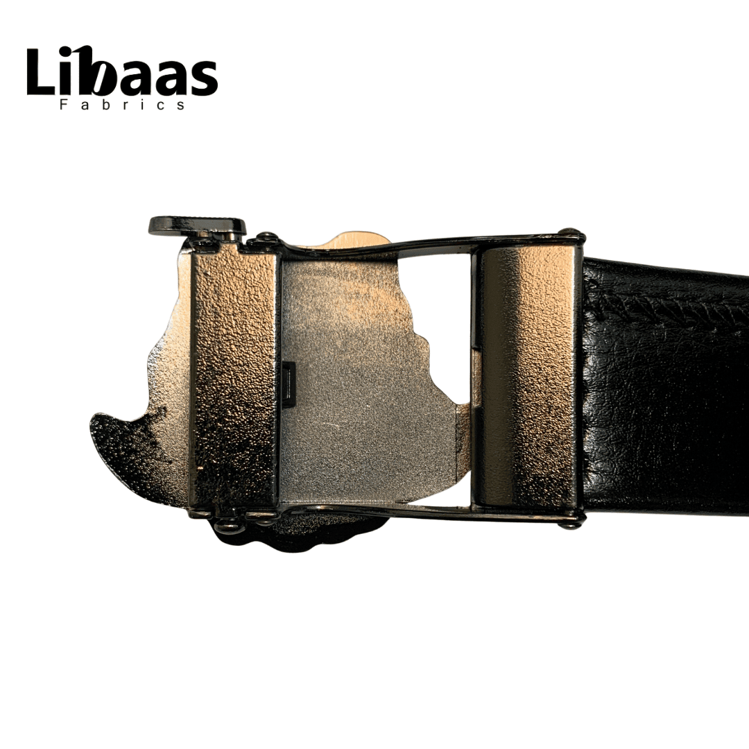 Black Genuine Leather Belt with Ornate Gunmetal Buckle - Libaas Fabrics