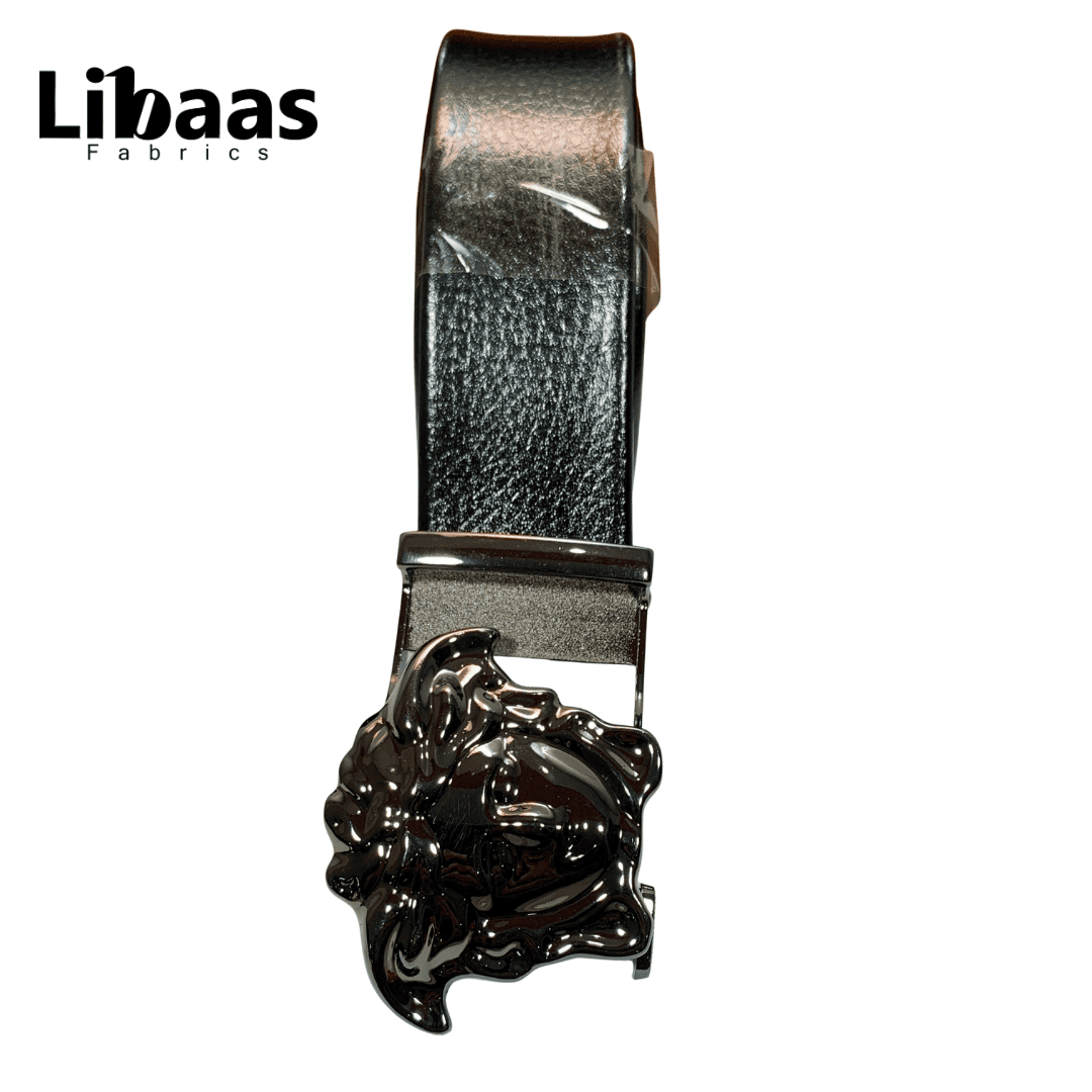 Black Genuine Leather Belt with Ornate Gunmetal Buckle - Libaas Fabrics
