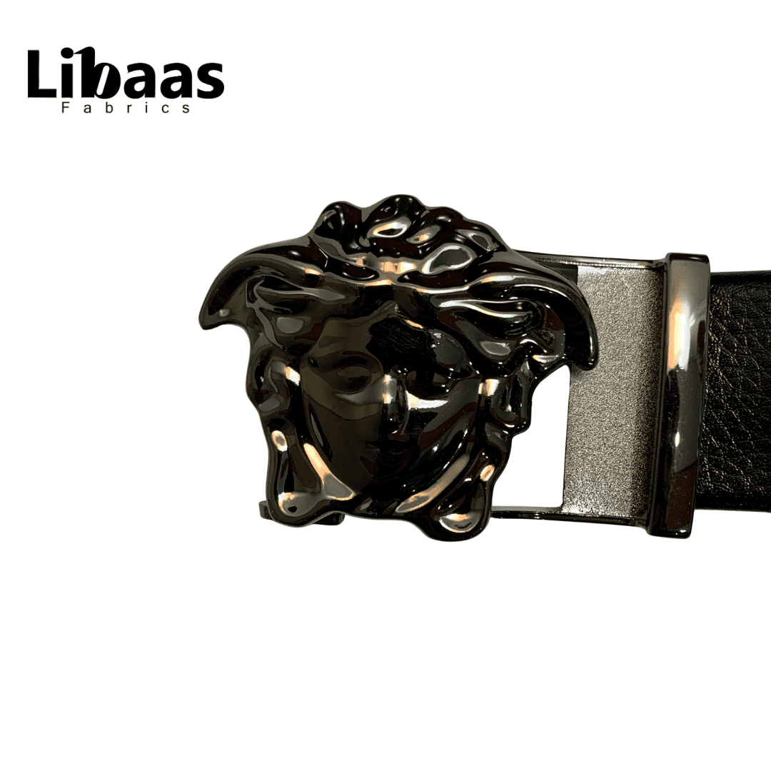 Black Genuine Leather Belt with Ornate Gunmetal Buckle - Libaas Fabrics