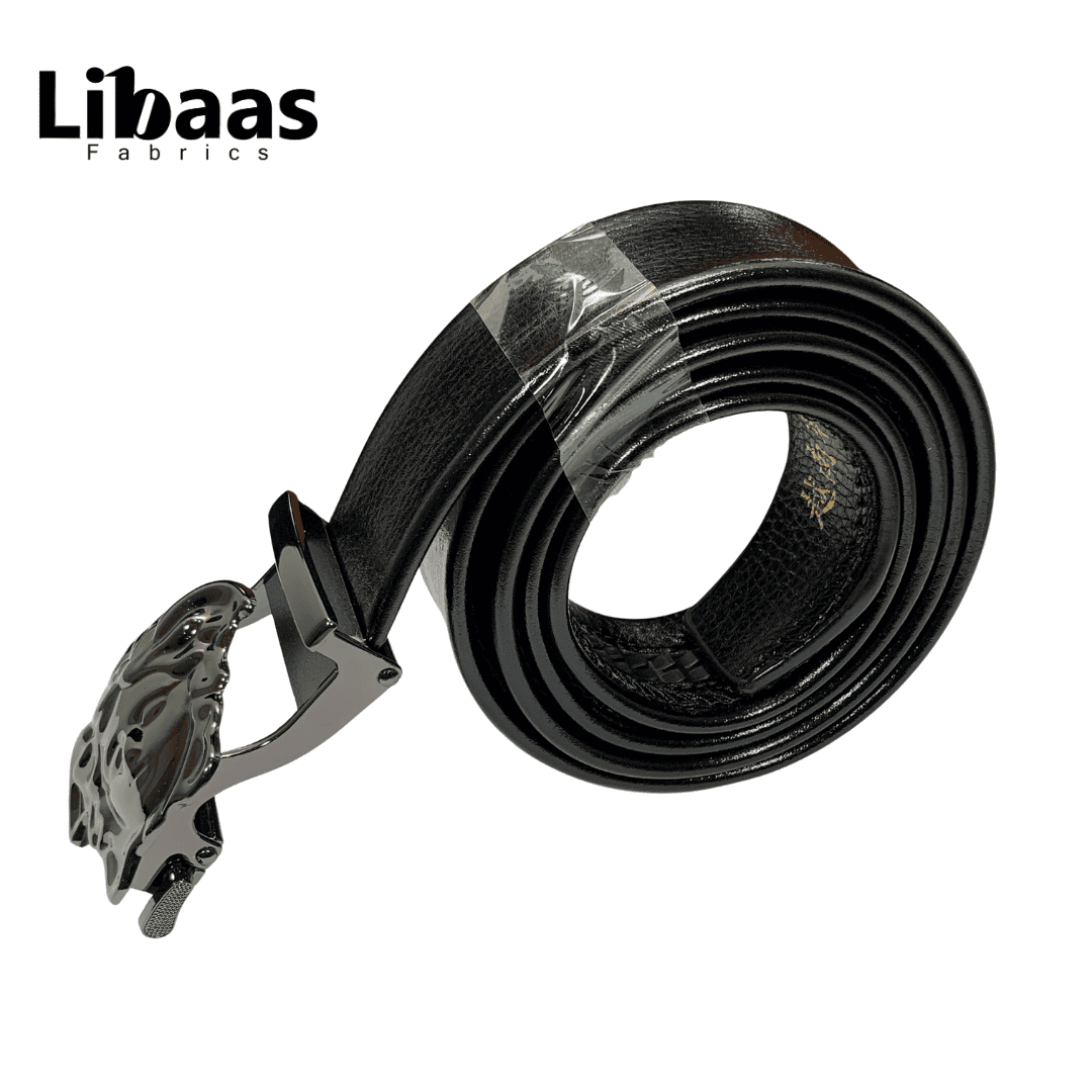 Black Genuine Leather Belt with Ornate Gunmetal Buckle - Libaas Fabrics
