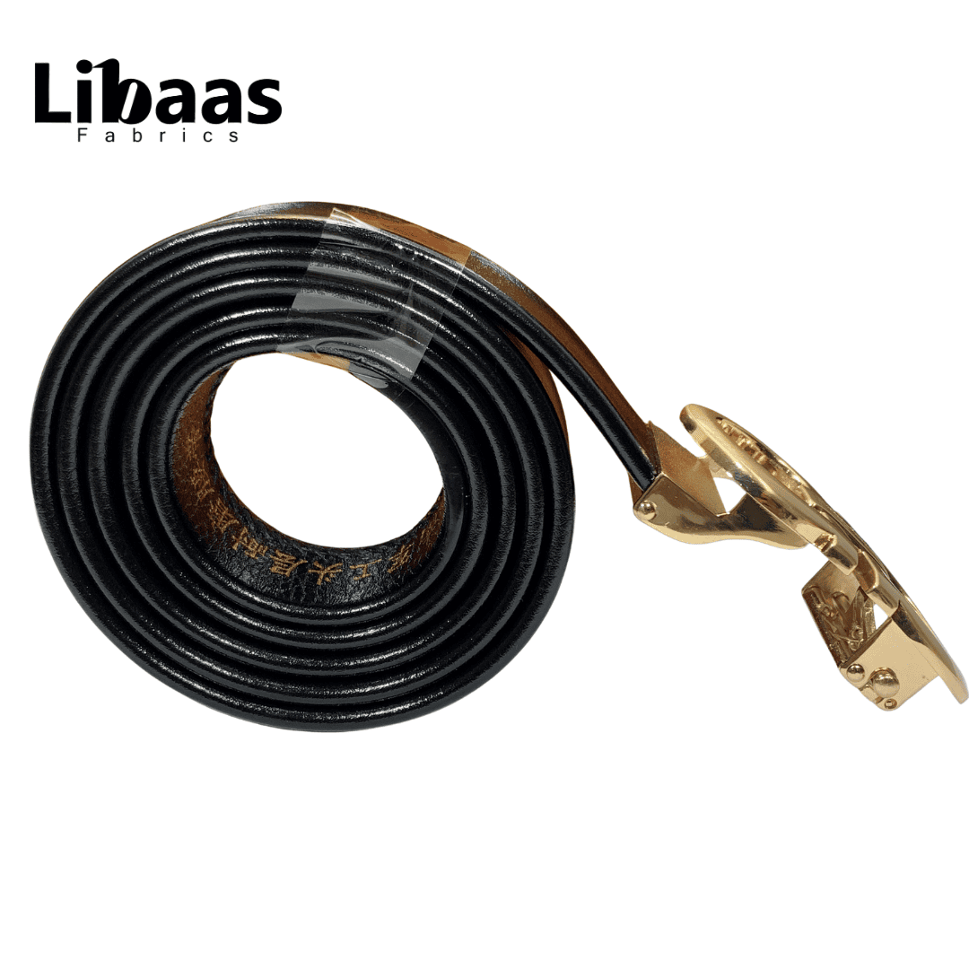 Black Genuine Leather Belt with Signature Gold Buckle - Libaas Fabrics