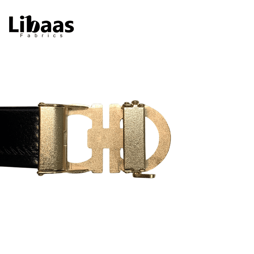 Black Genuine Leather Belt with Signature Gold Buckle - Libaas Fabrics