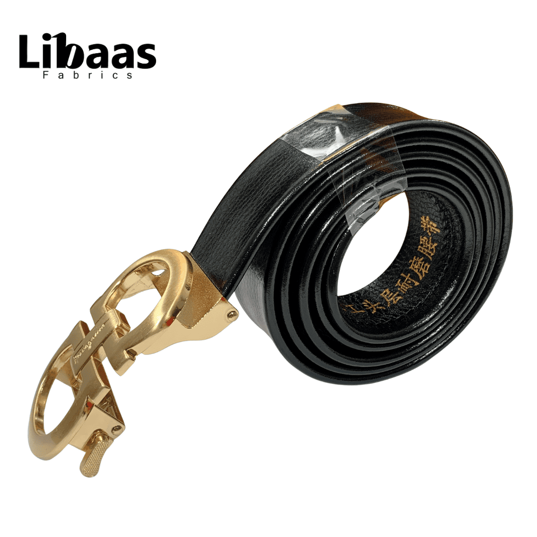 Black Genuine Leather Belt with Signature Gold Buckle - Libaas Fabrics