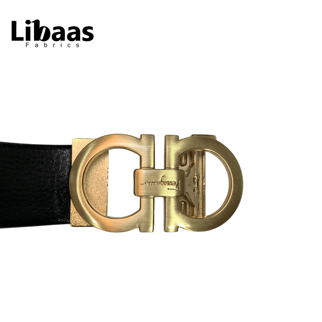Black Genuine Leather Belt with Signature Gold Buckle - Libaas Fabrics