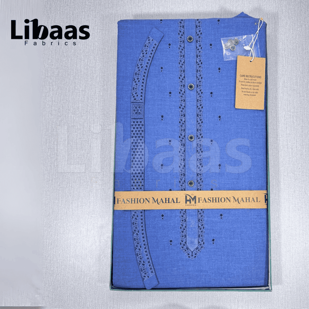Blue Cotton Kurta Fabric – Classic Embroidered Neckline (Unstitched) - Libaas Fabrics