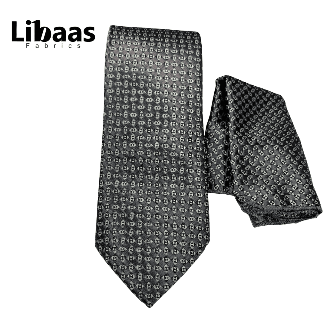 Luxury 3 - Piece Tie Set – Black & Silver with Geometric Weave - Libaas Fabrics