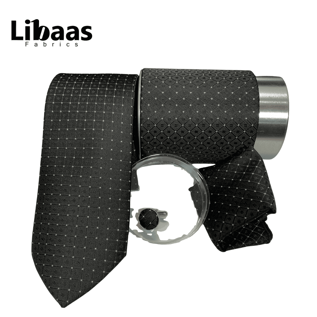 Luxury 3 - Piece Tie Set – Black with Diamond Grid Texture - Libaas Fabrics