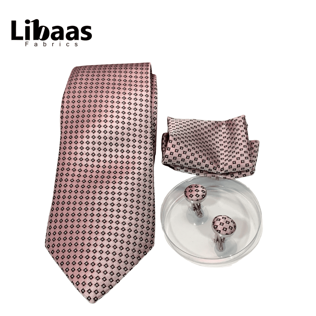 Luxury 3 - Piece Tie Set – Blush Pink with Black Diamond Pattern - Libaas Fabrics