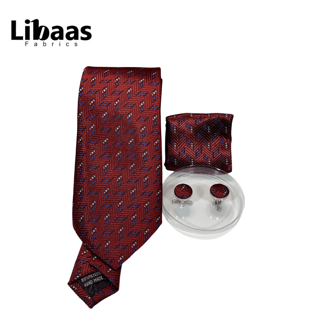 Luxury 3 - Piece Tie Set – Deep Red with Chevron & Dot Detail - Libaas Fabrics