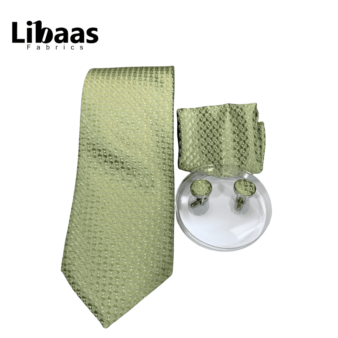 Luxury 3 - Piece Tie Set – Light Green with Geometric Texture - Libaas Fabrics
