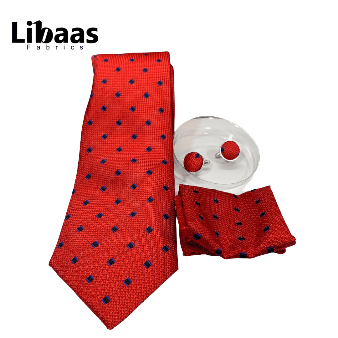 Luxury 3 - Piece Tie Set – Red with Blue Dot Pattern - Libaas Fabrics