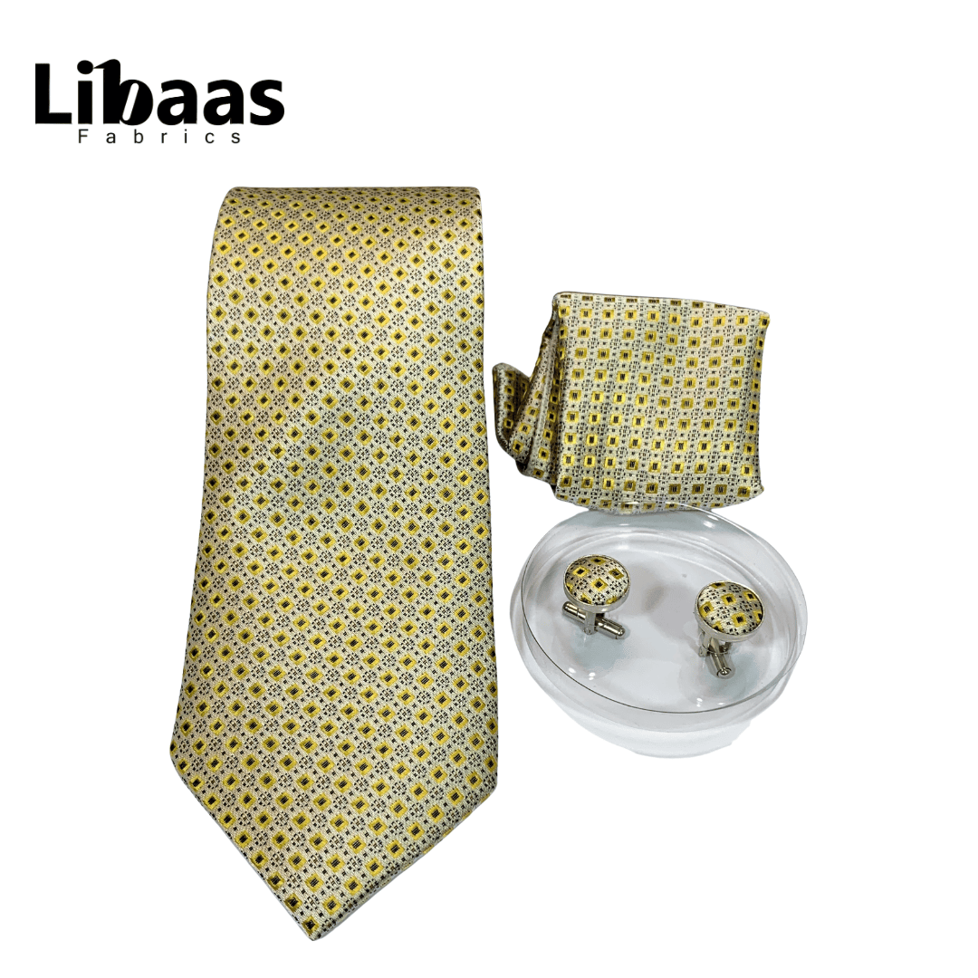 Luxury 3 - Piece Tie Set – Yellow with Vintage Floral Motif - Libaas Fabrics