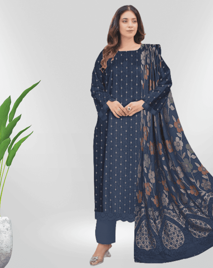 NUREH Fancy Jacquard Zari Peach Leather Shirt with Velvet Shawl & plain Zari Peach Trouser (Unstitched) - Libaas Fabrics