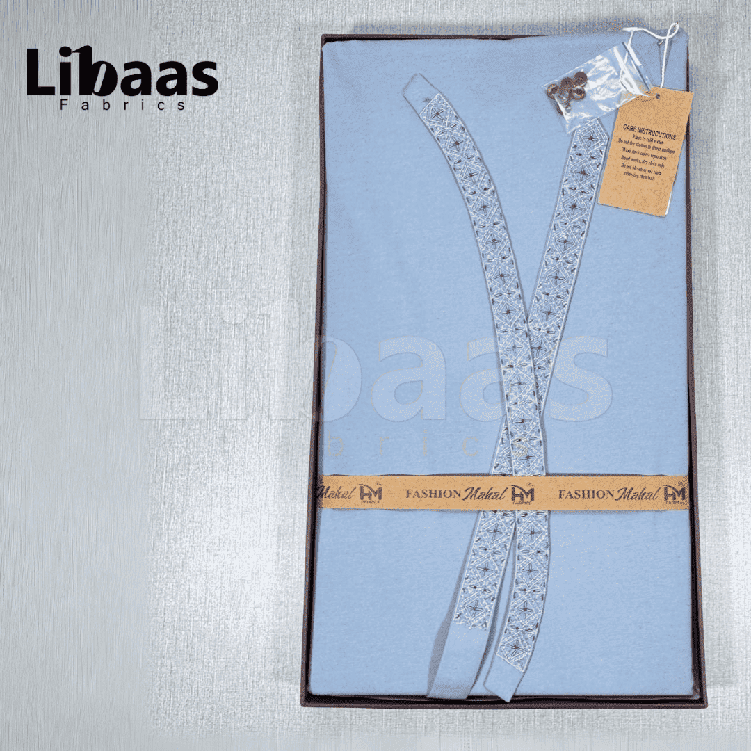 Sky blue cotton Kurta Fabric – Classic Embroidered Neckline - Libaas Fabrics