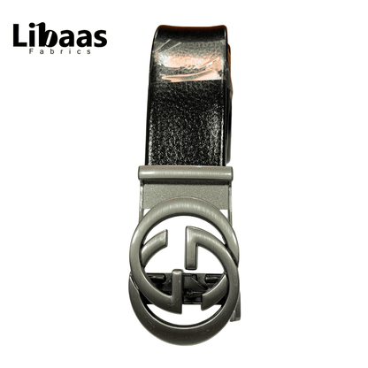 Black Genuine Leather Belt with Dual - Ring Gunmetal Buckle - Libaas Fabrics