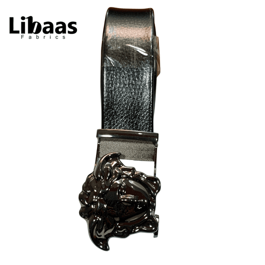 Black Genuine Leather Belt with Ornate Gunmetal Buckle - Libaas Fabrics