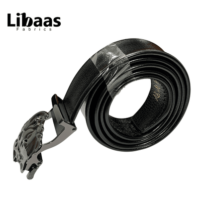 Black Genuine Leather Belt with Ornate Gunmetal Buckle - Libaas Fabrics
