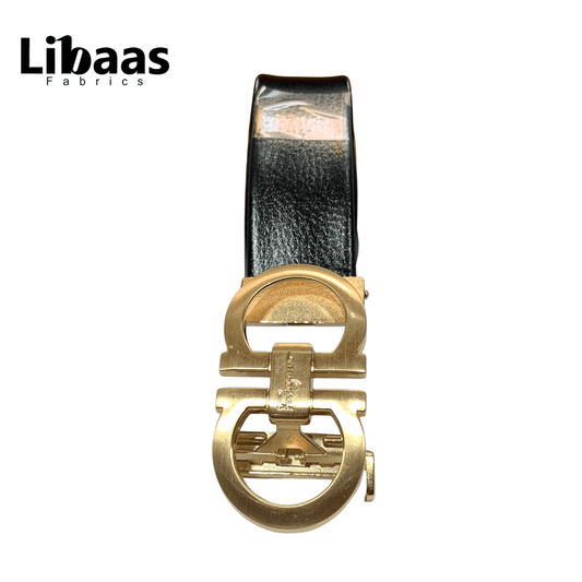 Black Genuine Leather Belt with Signature Gold Buckle - Libaas Fabrics