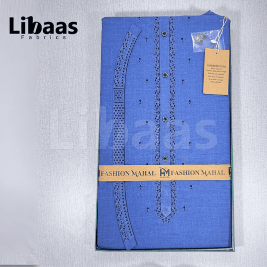 Blue Cotton Kurta Fabric – Classic Embroidered Neckline (Unstitched) - Libaas Fabrics