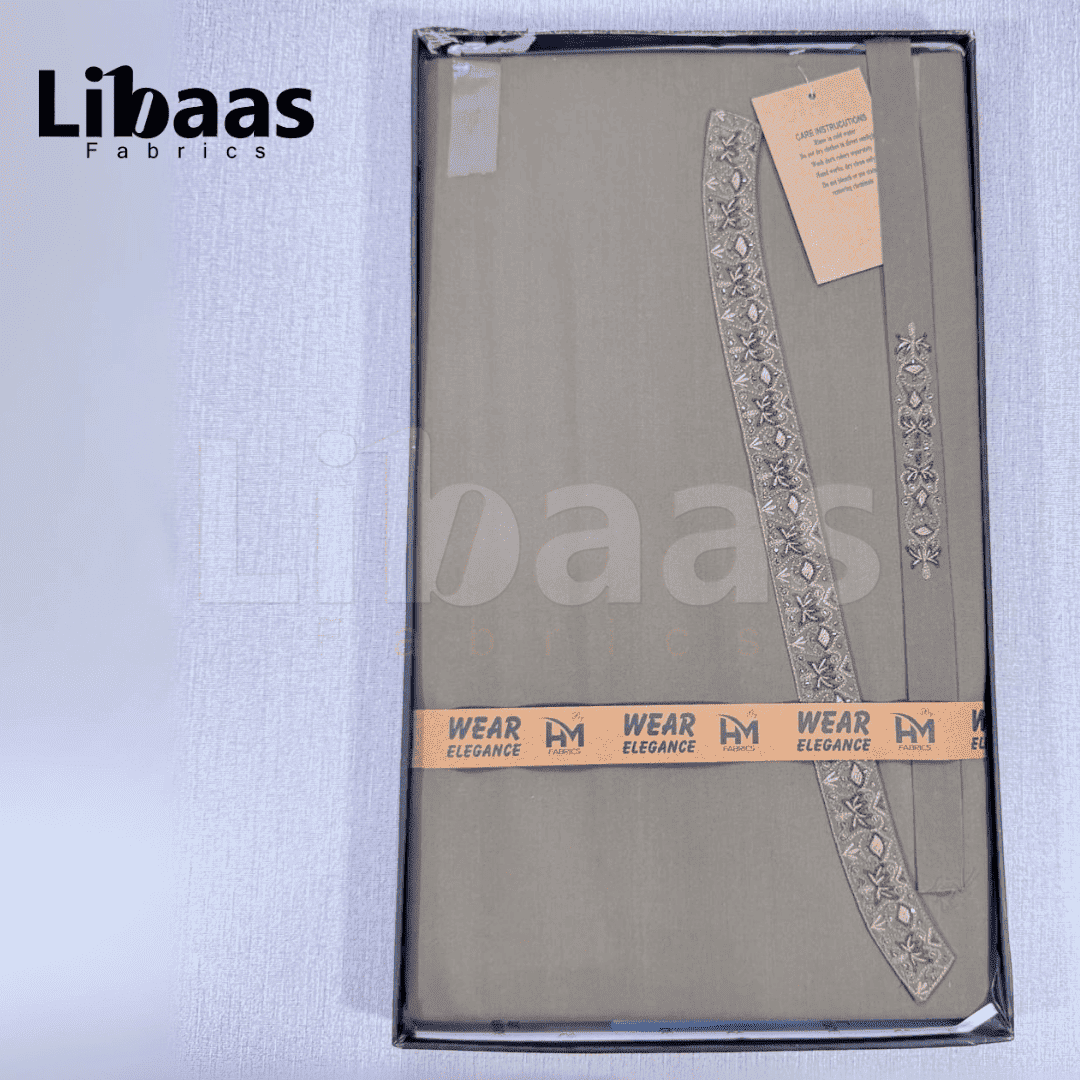Gray Cotton Kurta Fabric – Classic Embroidered Neckline (Unstitched) - Libaas Fabrics