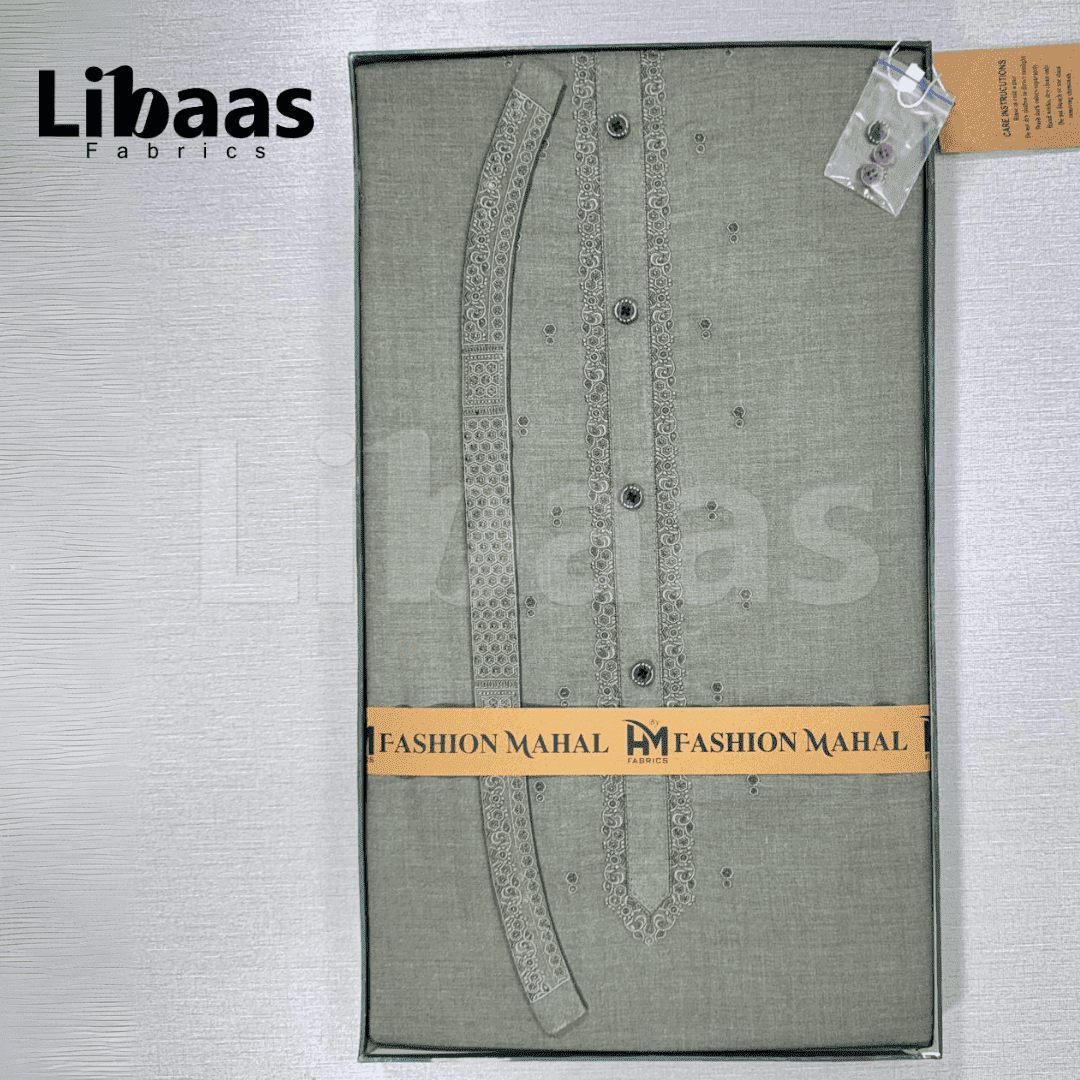 Light Green Cotton Kurta Fabric – Classic Embroidered Neckline (Unstitched) - Libaas Fabrics