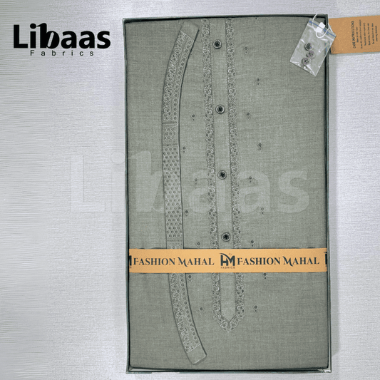 Light Green Cotton Kurta Fabric – Classic Embroidered Neckline (Unstitched) - Libaas Fabrics