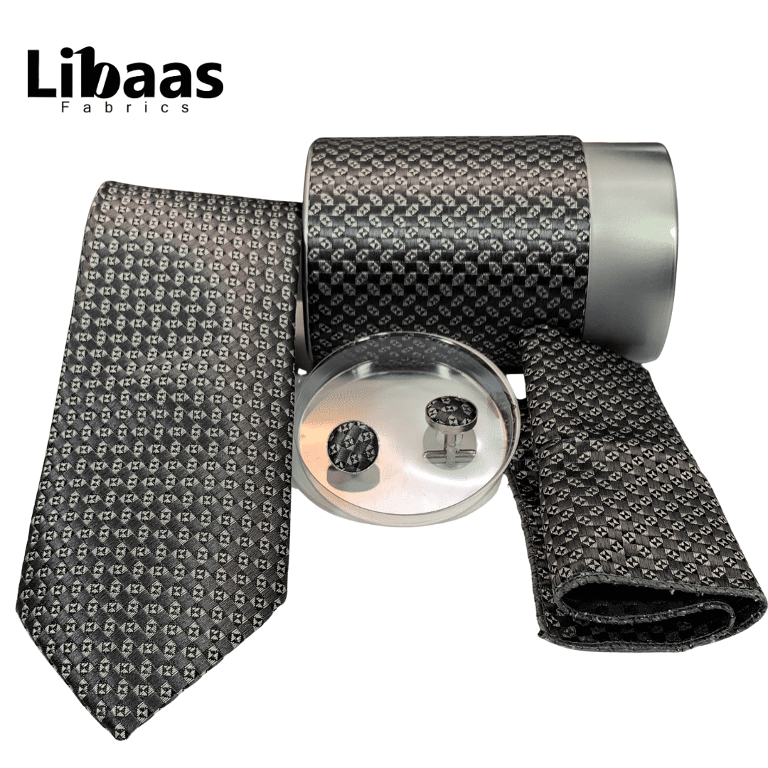 Luxury 3 - Piece Tie Set – Black & Silver with Geometric Weave - Libaas Fabrics
