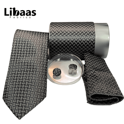 Luxury 3 - Piece Tie Set – Black & Silver with Geometric Weave - Libaas Fabrics