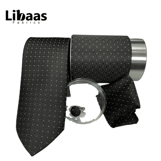 Luxury 3 - Piece Tie Set – Black with Diamond Grid Texture - Libaas Fabrics