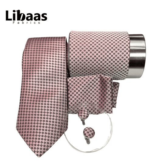Luxury 3 - Piece Tie Set – Blush Pink with Black Diamond Pattern - Libaas Fabrics
