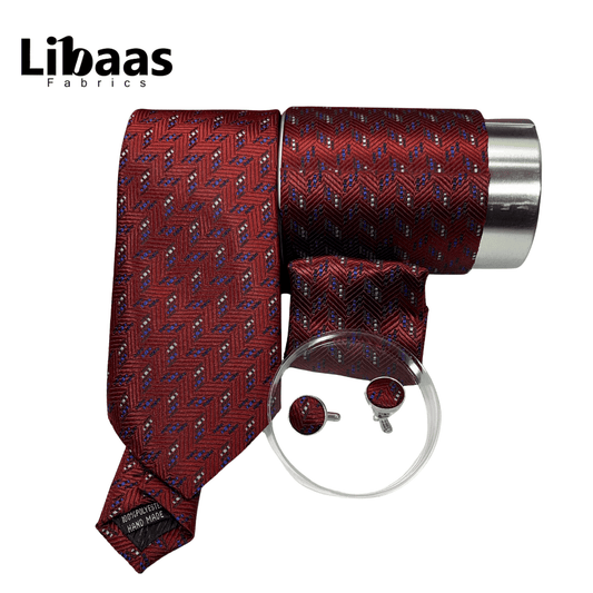 Luxury 3 - Piece Tie Set – Deep Red with Chevron & Dot Detail - Libaas Fabrics