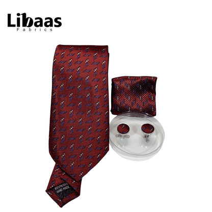 Luxury 3 - Piece Tie Set – Deep Red with Chevron & Dot Detail - Libaas Fabrics