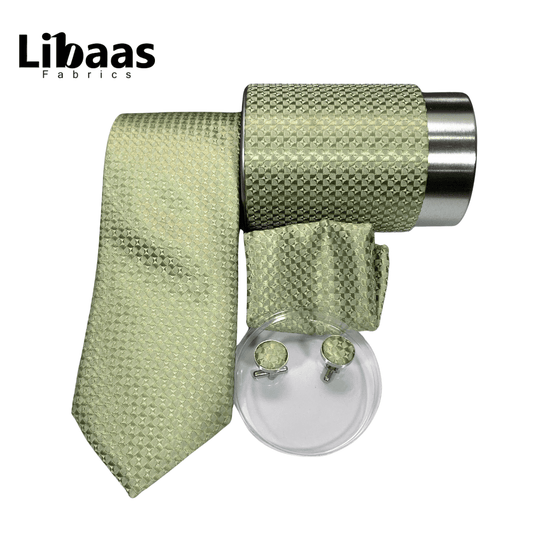 Luxury 3 - Piece Tie Set – Light Green with Geometric Texture - Libaas Fabrics