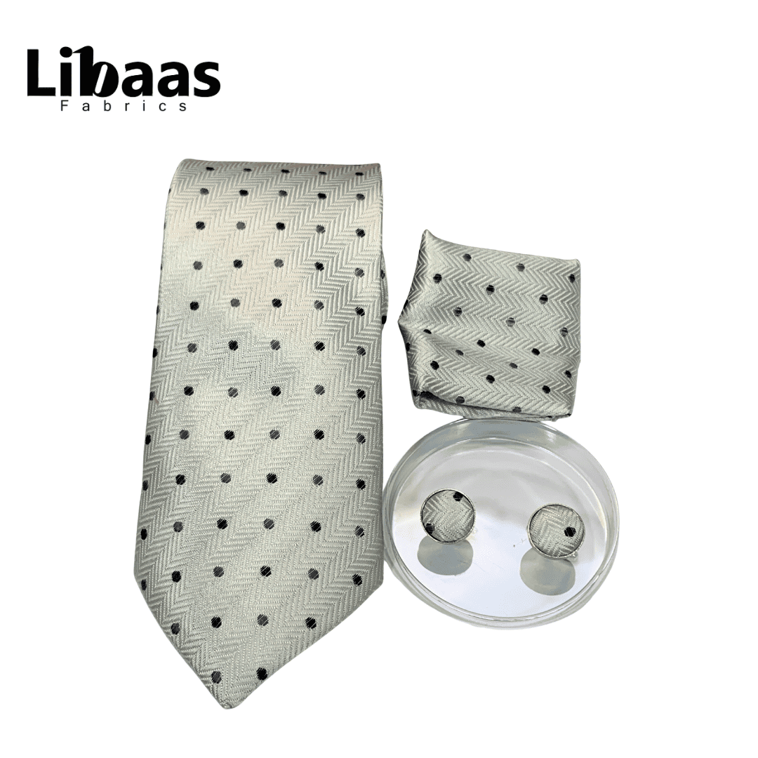 Luxury 3 - Piece Tie Set – Off - White with Polka Dots & Herringbone Weave - Libaas Fabrics