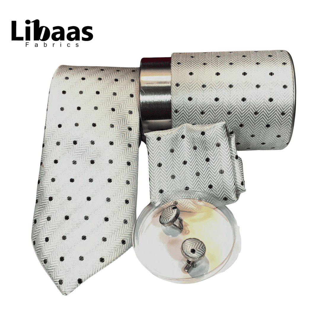 Luxury 3 - Piece Tie Set – Off - White with Polka Dots & Herringbone Weave - Libaas Fabrics