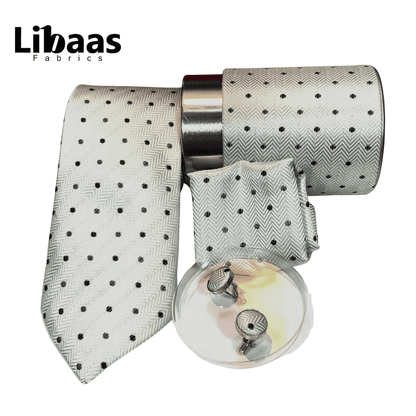 Luxury 3 - Piece Tie Set – Off - White with Polka Dots & Herringbone Weave - Libaas Fabrics