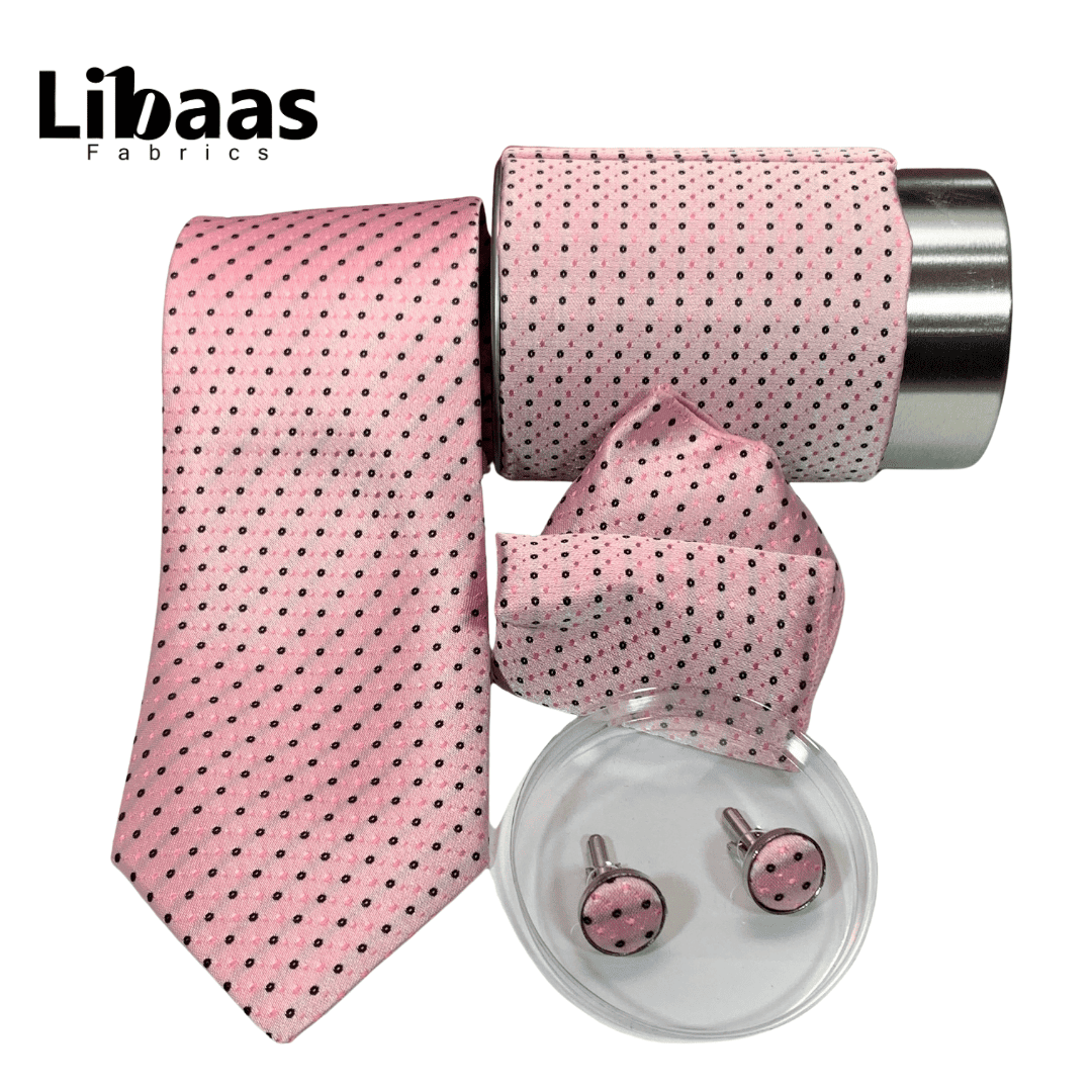 Luxury 3 - Piece Tie Set – Pink with Black Polka Dots - Libaas Fabrics