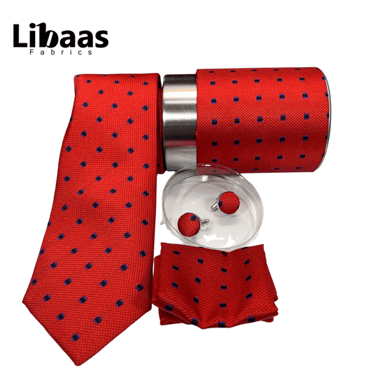 Luxury 3 - Piece Tie Set – Red with Blue Dot Pattern - Libaas Fabrics