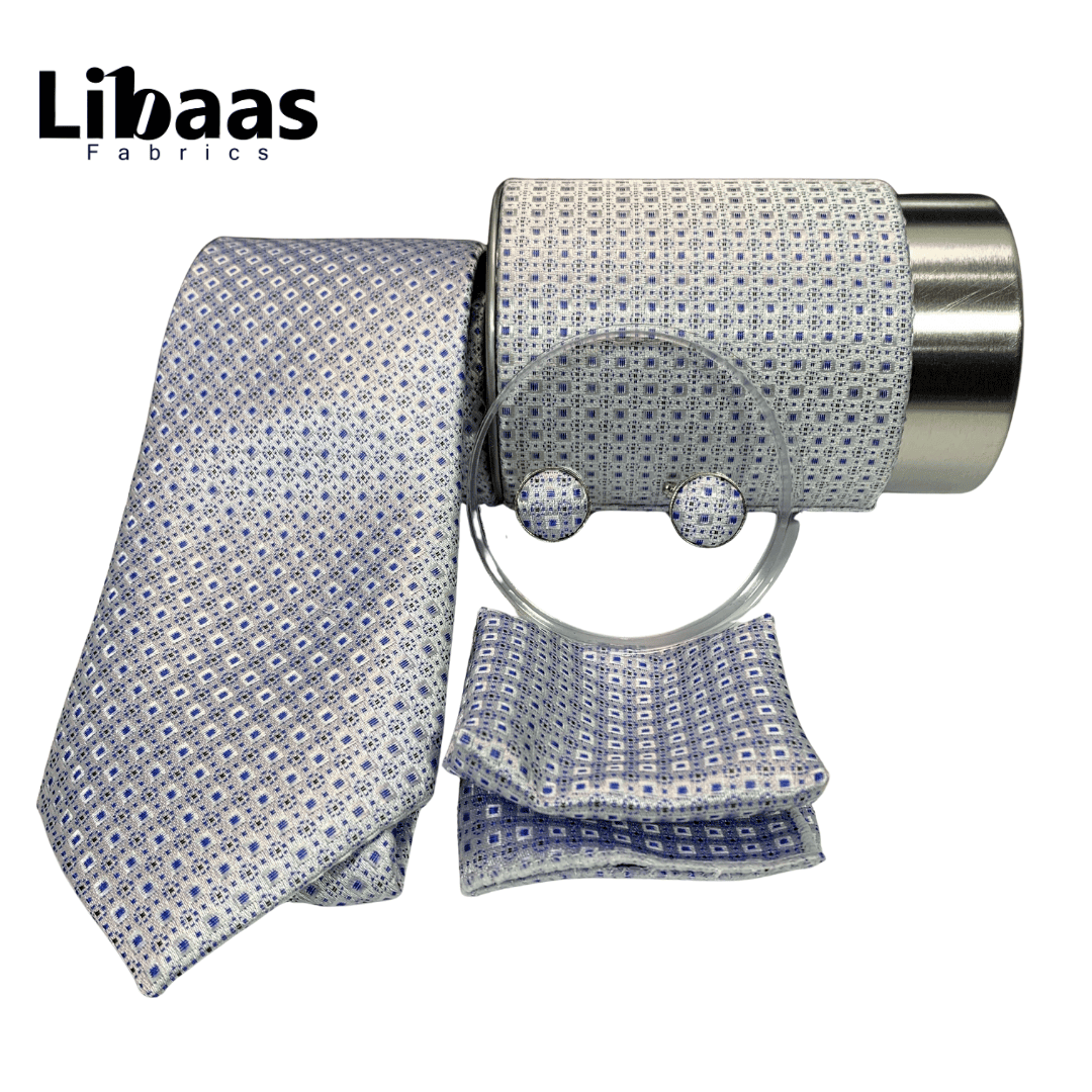 Luxury 3 - Piece Tie Set – White with Blue Geometric Design - Libaas Fabrics