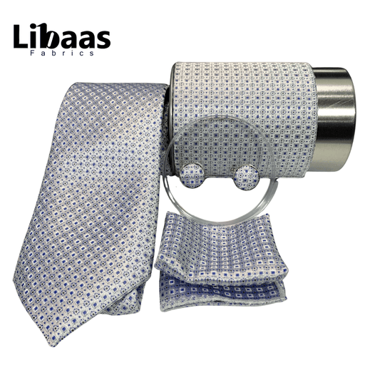 Luxury 3 - Piece Tie Set – White with Blue Geometric Design - Libaas Fabrics