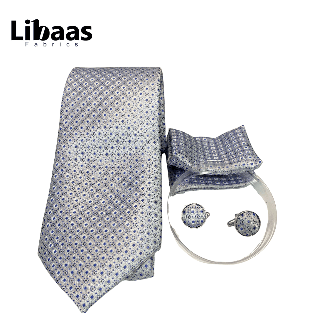 Luxury 3 - Piece Tie Set – White with Blue Geometric Design - Libaas Fabrics