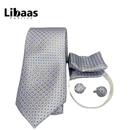Luxury 3 - Piece Tie Set – White with Blue Geometric Design - Libaas Fabrics