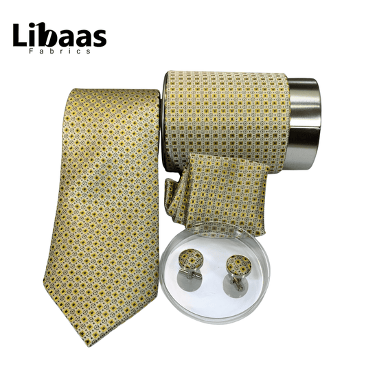 Luxury 3 - Piece Tie Set – Yellow with Vintage Floral Motif - Libaas Fabrics