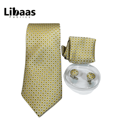 Luxury 3 - Piece Tie Set – Yellow with Vintage Floral Motif - Libaas Fabrics