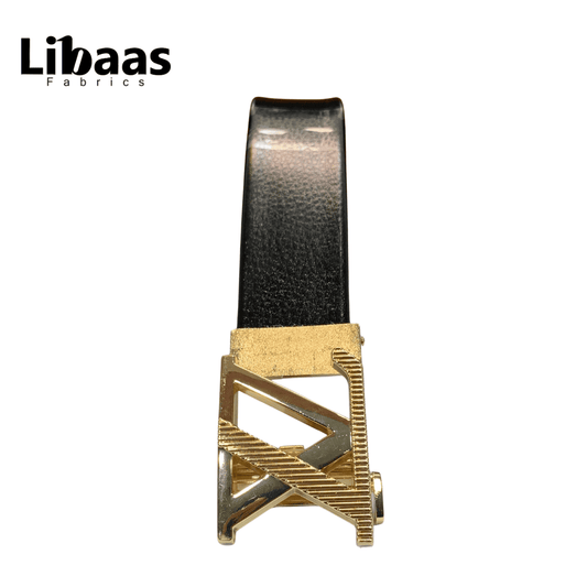 Men's Black Genuine Leather Belt with Signature Gold Geometric Buckle - Libaas Fabrics
