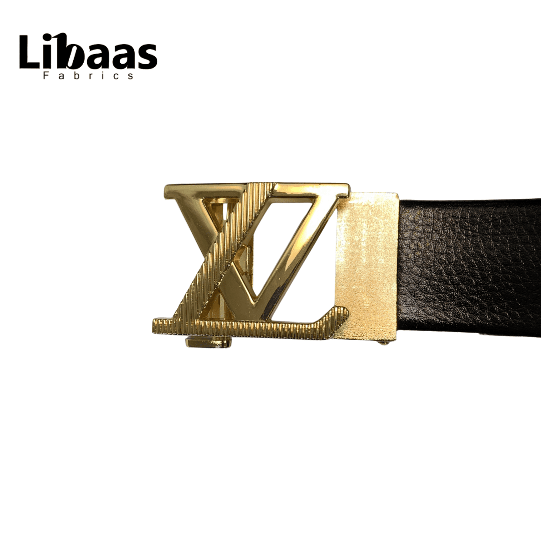 Men's Black Genuine Leather Belt with Signature Gold Geometric Buckle - Libaas Fabrics