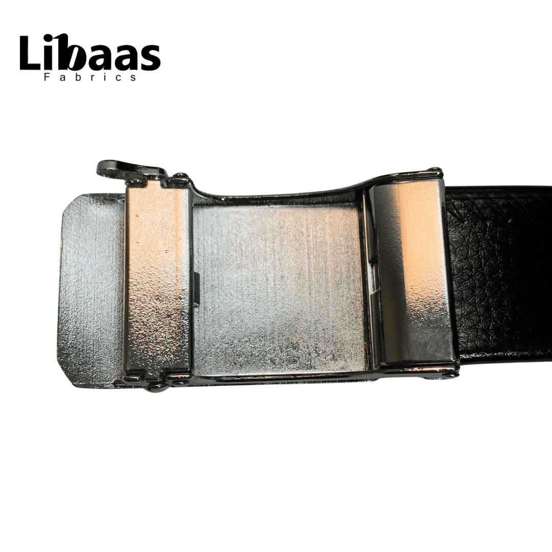 Men’s Black Leather Belt with Glossy Chrome Buckle - Libaas Fabrics