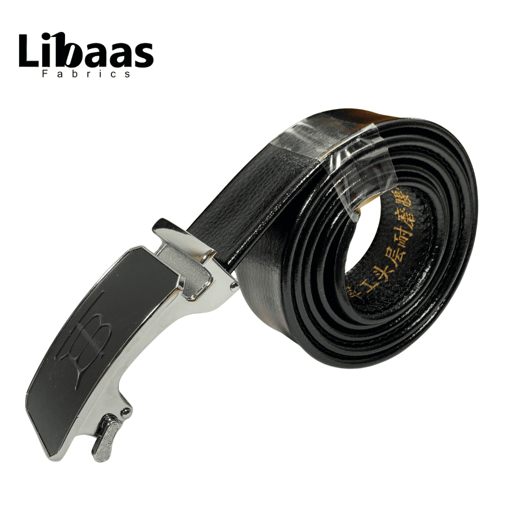 Men’s Black Leather Belt with Glossy Chrome Buckle - Libaas Fabrics
