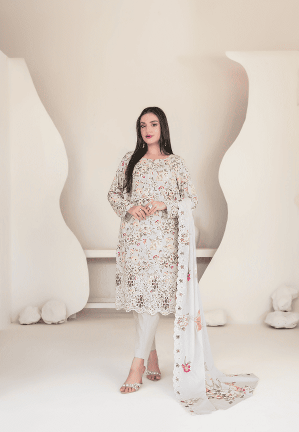 MUSKAAN digital print cutwork shirt, dupatta, trouser - By TAWAKAL (Unstitched) - Libaas Fabrics